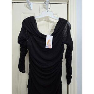 Ruched Black Long-Sleeve Dress By PrettyGarden - 100% Polyester - Womens Size M